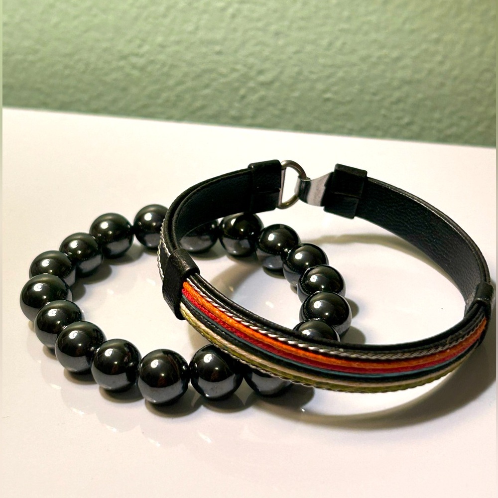Earthbound Onyx Beaded Bracelet and Multicolor Leather Men’s Bracelet Set